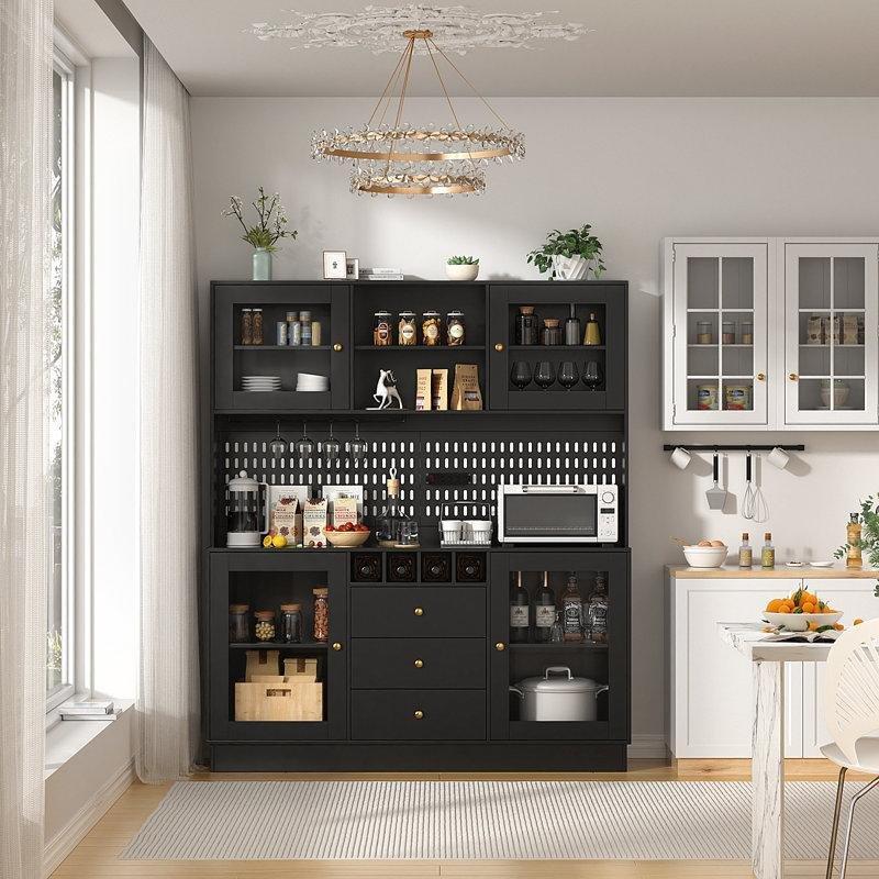 Siyah MDF Çok Amaçlı Dolap, Şarap Rafı, Camlı Kapak ve Çekmeceli 160x191 cm - 92950