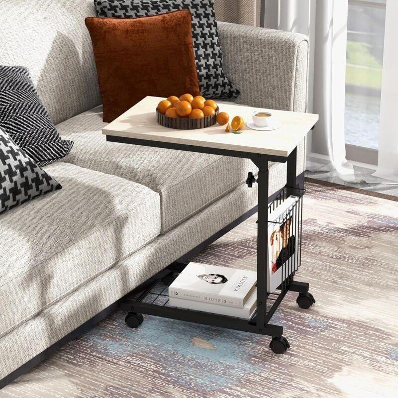 Siyah MDF Metal Yükseklik Ayarlı Tekerlekli Yan Sehpa-50x30x58-80 cm - 111696