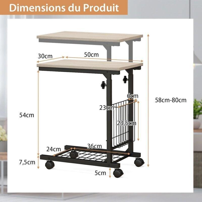 Siyah MDF Metal Yükseklik Ayarlı Tekerlekli Yan Sehpa-50x30x58-80 cm - 111696