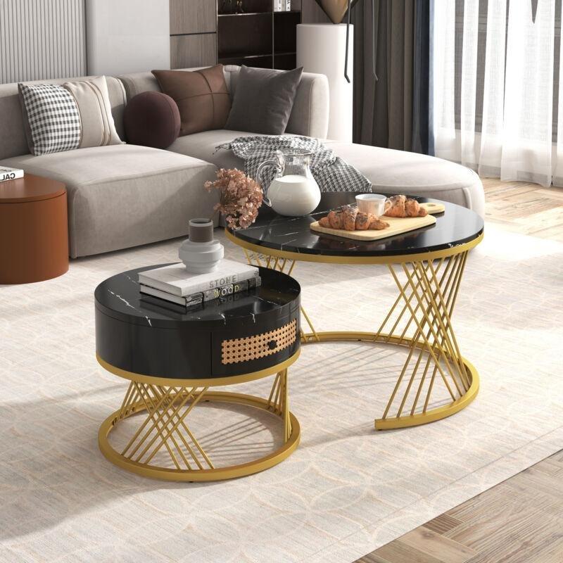 Siyah Mermer Desenli Gold Ayaklı İkili Zigon Sehpa 70x70x45 cm - 107523