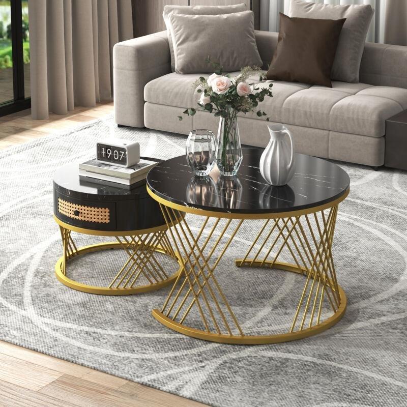 Siyah Mermer Desenli Gold Ayaklı İkili Zigon Sehpa 70x70x45 cm - 107523