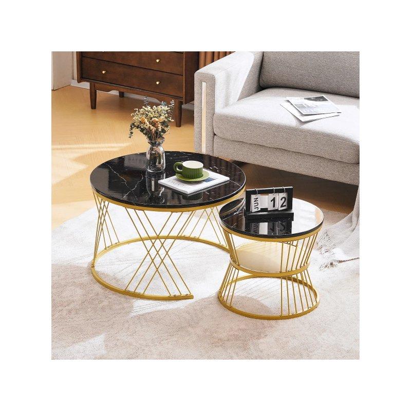 Siyah Mermer Desenli Gold Ayaklı Yuvarlak Zigon Sehpa 70x45 cm - 106291