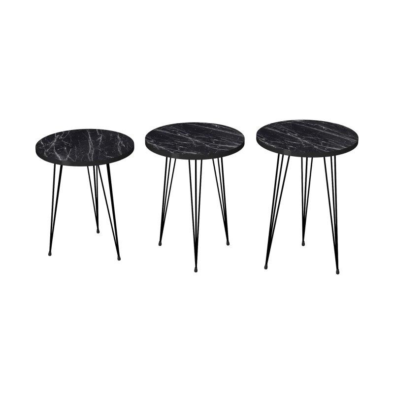 Siyah Mermer Desenli Yuvarlak Üçlü Zigon Sehpa 48-55 cm - 106501