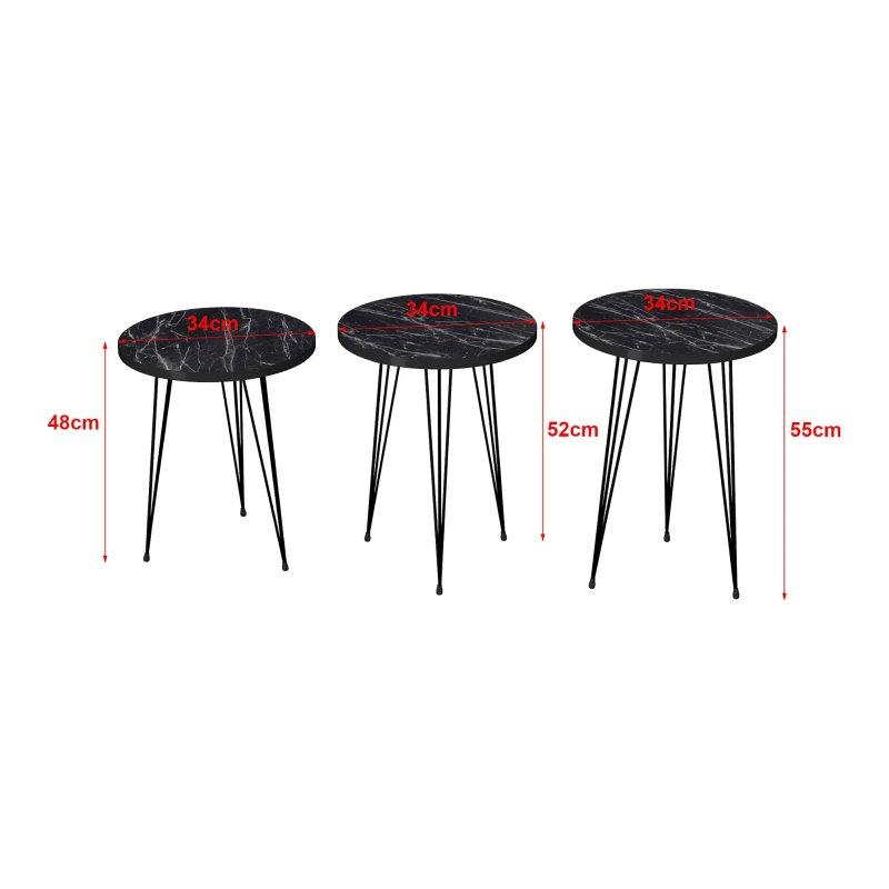 Siyah Mermer Desenli Yuvarlak Üçlü Zigon Sehpa 48-55 cm - 106501