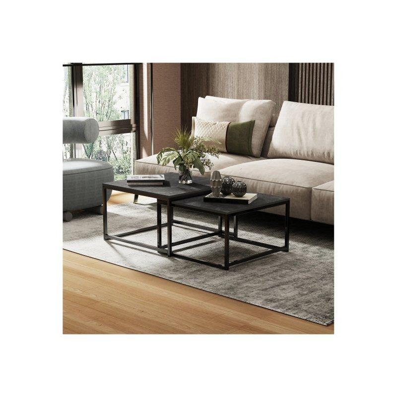 Siyah Mermer Etkili Taş 2'li Kare Orta Sehpa 70x70 cm Metal Ayaklı - 102456