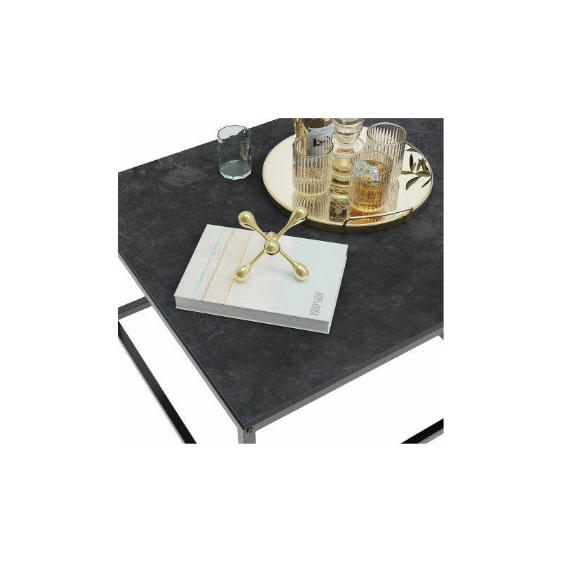 Siyah Mermer Etkili Taş 2'li Kare Orta Sehpa 70x70 cm Metal Ayaklı - 102456