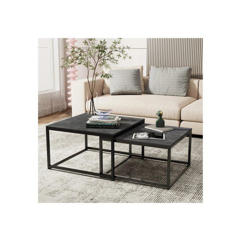 Siyah Mermer Etkili Taş 2%27li Kare Orta Sehpa 70x70 cm Metal Ayaklı - 102456