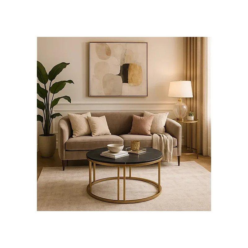 Siyah Mermer Seramik Üstü Gold Ayaklı Yuvarlak Orta Sehpa 70 cm - 102495