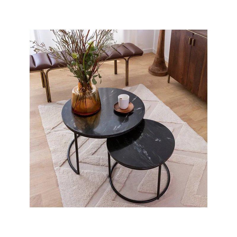 Siyah Mermer Zigon Sehpa 60x60 cm Metal Ayaklı İkili Set - 106594