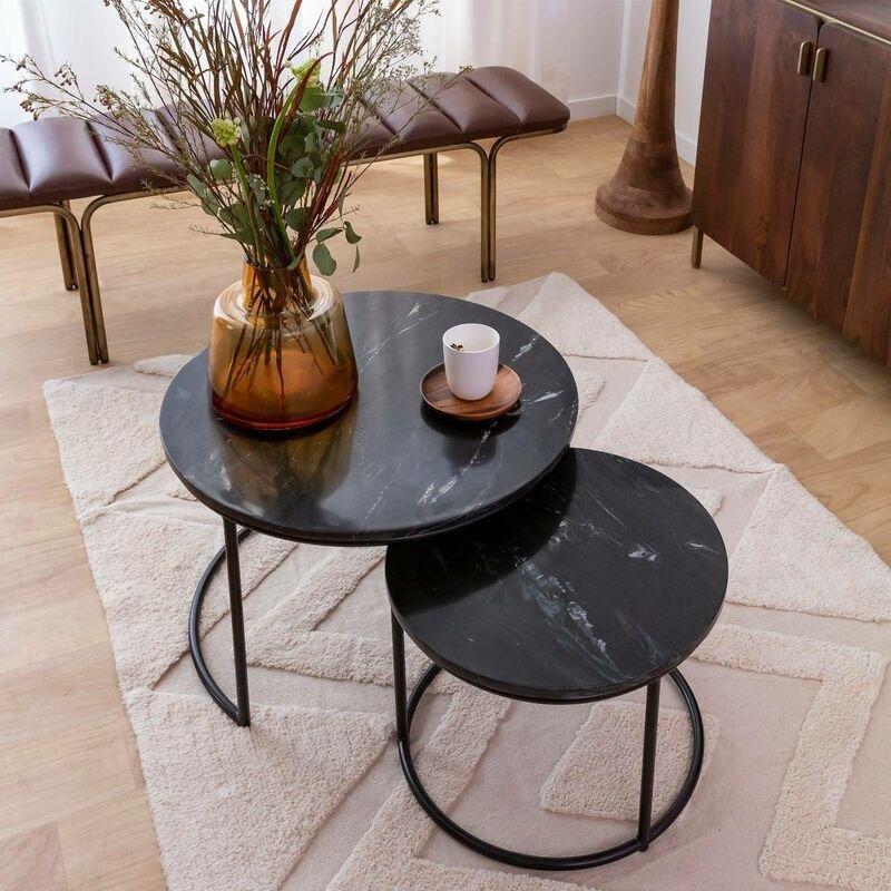 Siyah Mermer Zigon Sehpa 60x60 cm Metal Ayaklı İkili Set - 107173