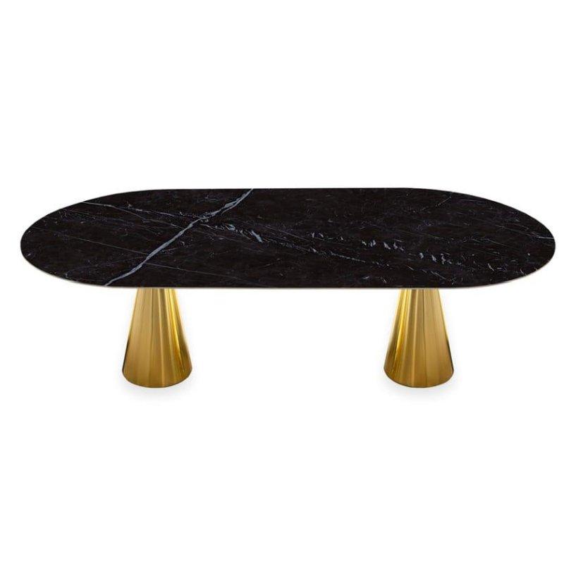 Siyah Mermerli Oval Seramik Masa Gold Konili Ayaklı 320x160 cm - 89131