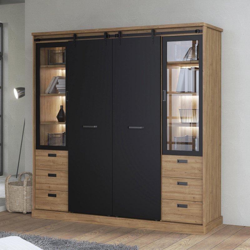 Siyah Meşe Endüstriyel Ahşap 4 Kapılı Aydınlatmalı Gardrop 203x208 cm - 90787
