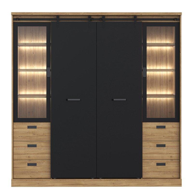 Siyah Meşe Endüstriyel Ahşap 4 Kapılı Aydınlatmalı Gardrop 203x208 cm - 90787