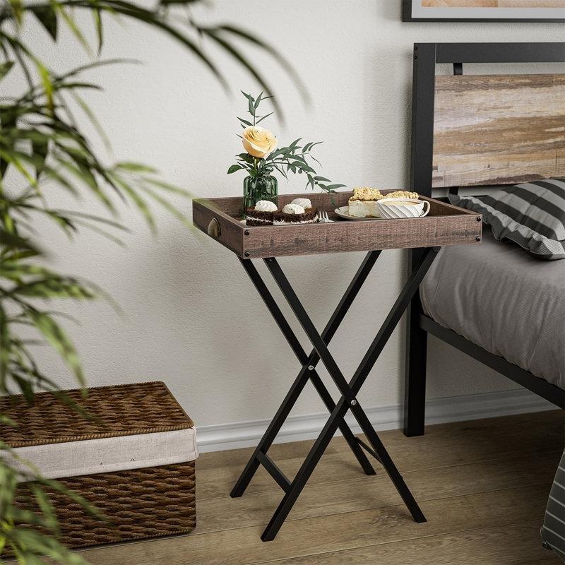 Siyah Meşe Rengi Metal Çerçeveli Katlanır Çanta Zigon Sehpa 48x36x65 cm - 108751