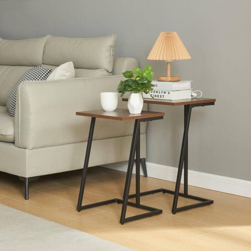 Siyah Metal Ayaklı Ceviz Desenli Zigon Sehpa 56x30x40 cm 2'li Set - 107603