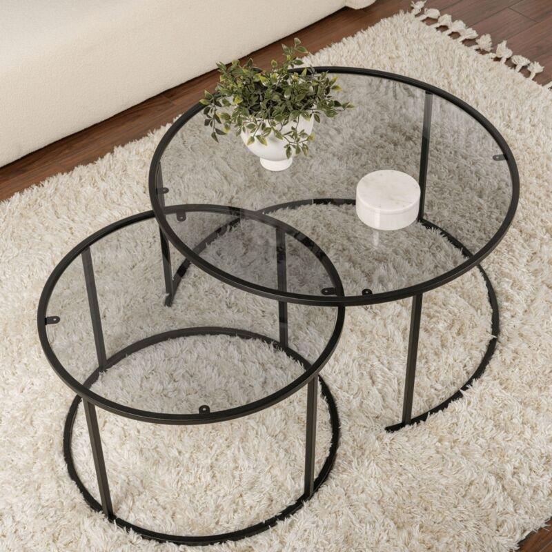 Siyah Metal Ayaklı Yuvarlak Cam Zigon Sehpa 2'li Set 80 cm - 107485