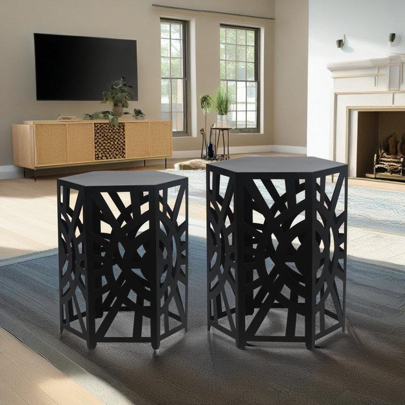 Siyah Metal Ferforje Zigon Sehpa 51x42x37 cm Altıgen İkili Set - 108187