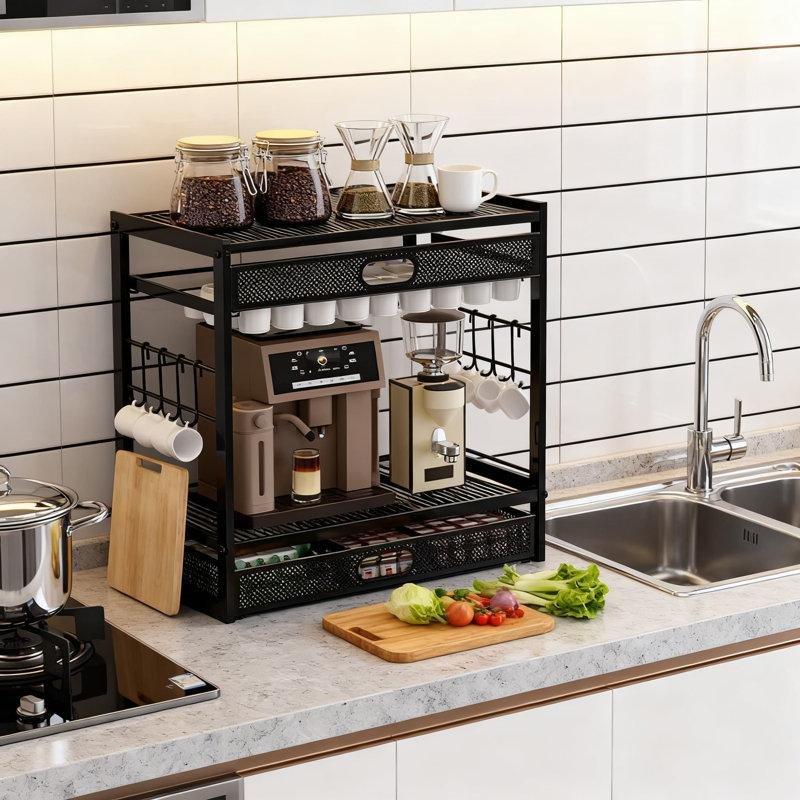 Siyah Metal Kahve Köşesi 42x42x25 cm Çekmeceli Kahve Makinesi Standı - 99826