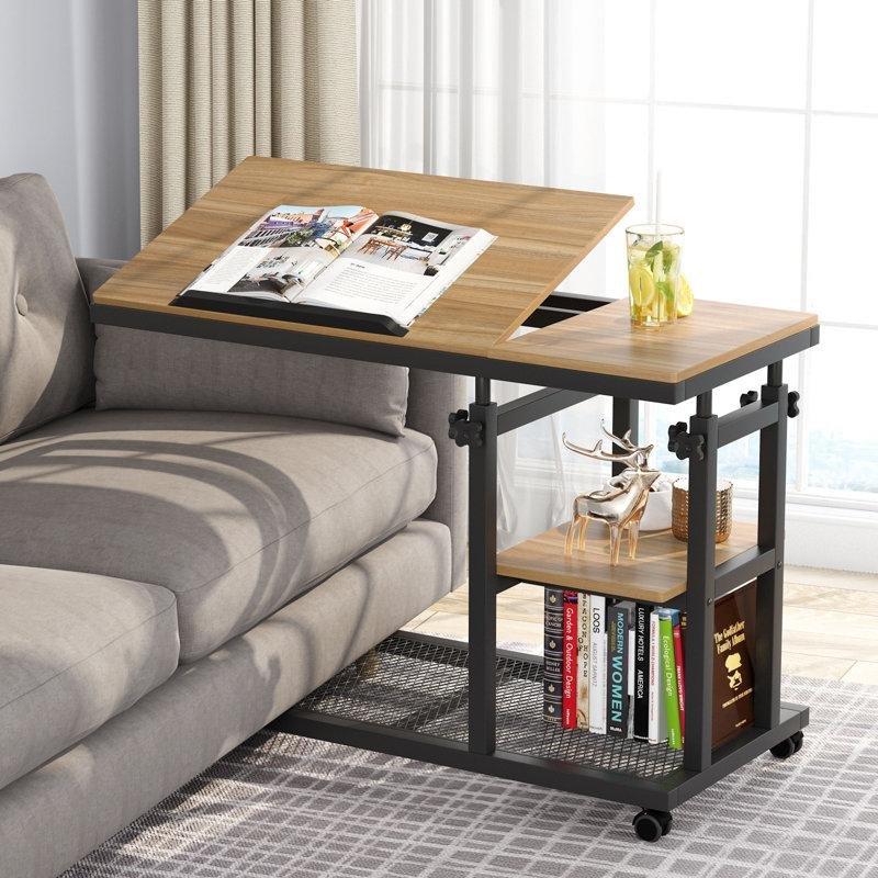Siyah Metal Yükseklik Ayarlı Tekerlekli C Ayaklı Laptop Sehpası-79x41x66 cm - 113385
