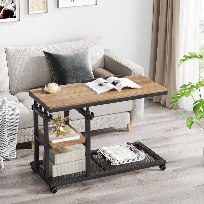 Siyah Metal Yükseklik Ayarlı Tekerlekli C Ayaklı Laptop Sehpası-79x41x66 cm - 113385