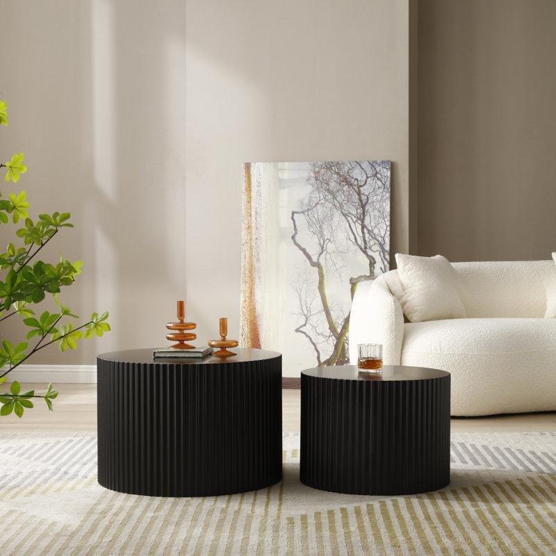 Siyah Oymalı Tasarımlı İç İçe Yuvarlak Orta Sehpa Seti 2%27li - 104599