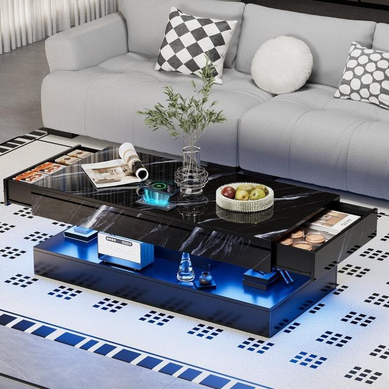 Siyah Parlak Ahşap 120 cm Ledli Orta Sehpa 2 Çekmeceli Kablosuz Şarjlı - 104431