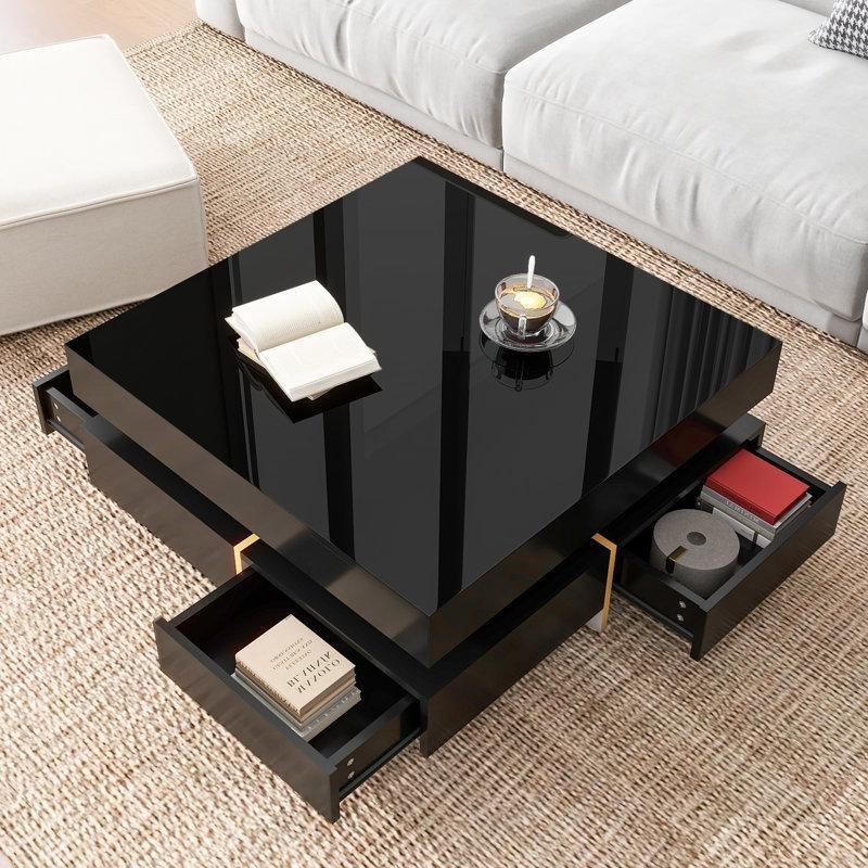 Siyah Parlak Camlı Orta Sehpa 80x80 cm Çekmeceli - 105517