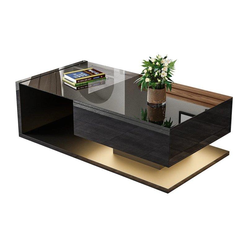 Siyah Parlak Ledli Orta Sehpa 105x55x33 cm Çekmeceli - 102258