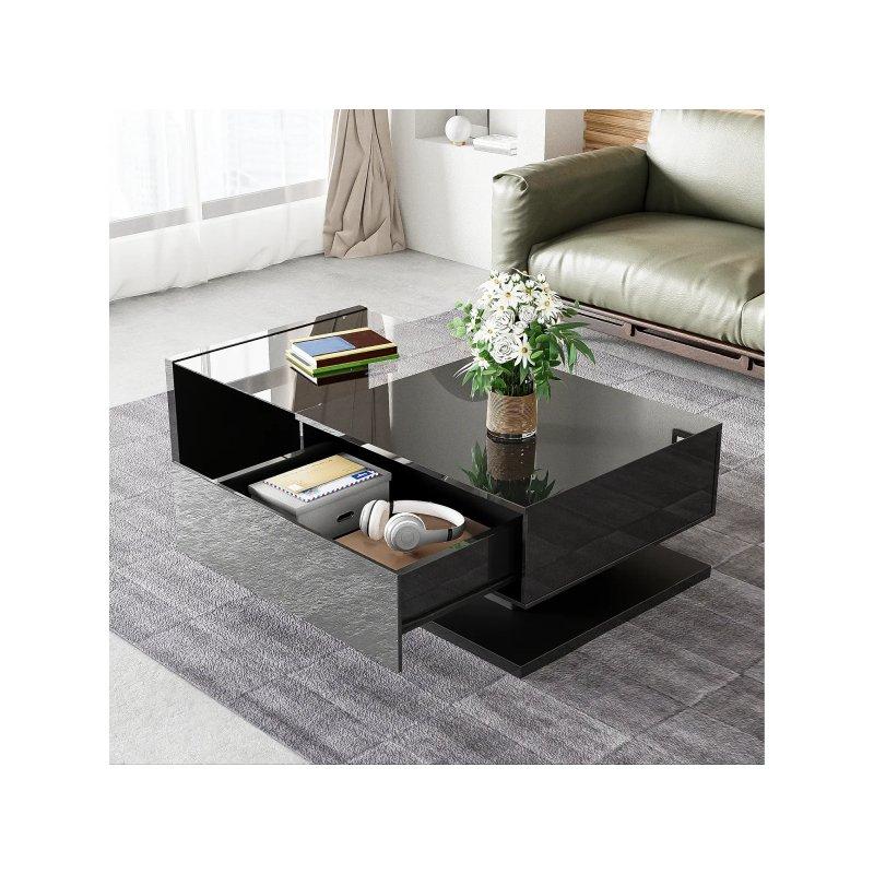 Siyah Parlak Ledli Orta Sehpa 105x55x33 cm Çekmeceli - 102258