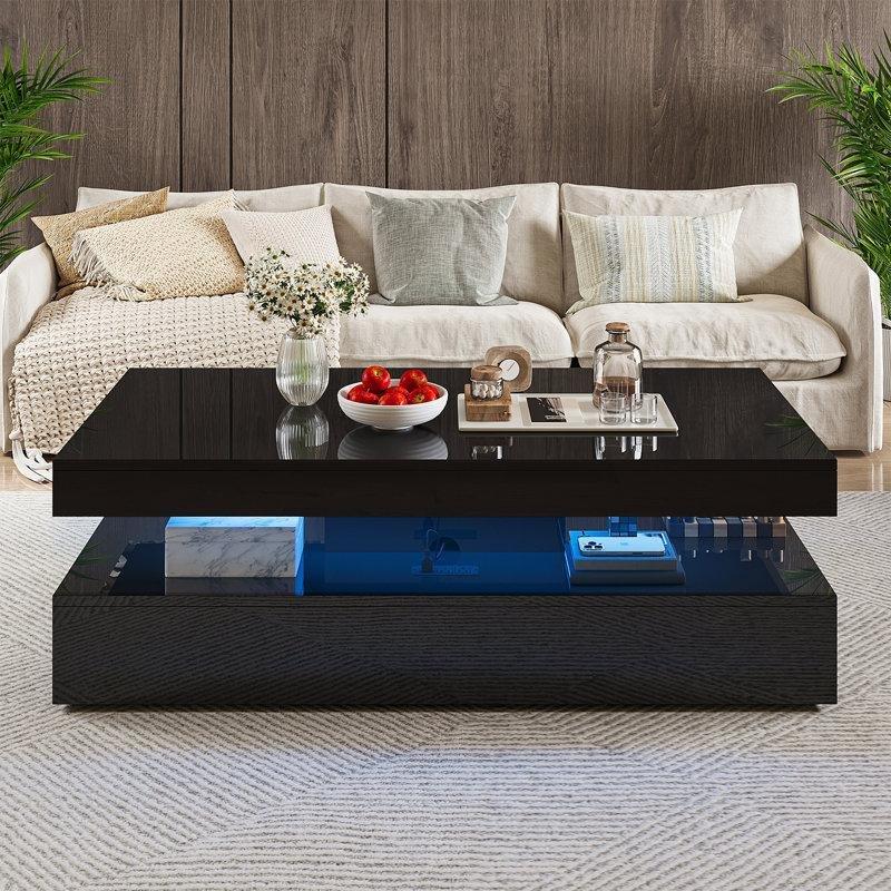 Siyah Parlak Yüzeylu Ledli Orta Sehpa 120x43x59 cm - 104437