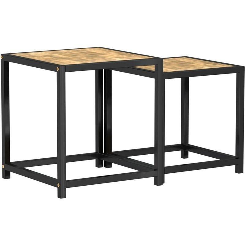 Siyah Sarı MDF Endüstriyel 2li Mermer Yan Sehpa-37x37x40x33x33x35 cm - 110473