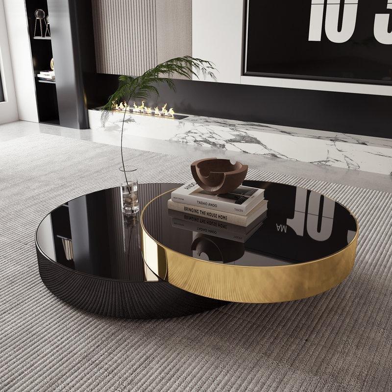 Siyah Temperli Cam Üstü Gold & Siyah Metal Ayaklı Yuvarlak Orta Sehpa 100 cm - 104503