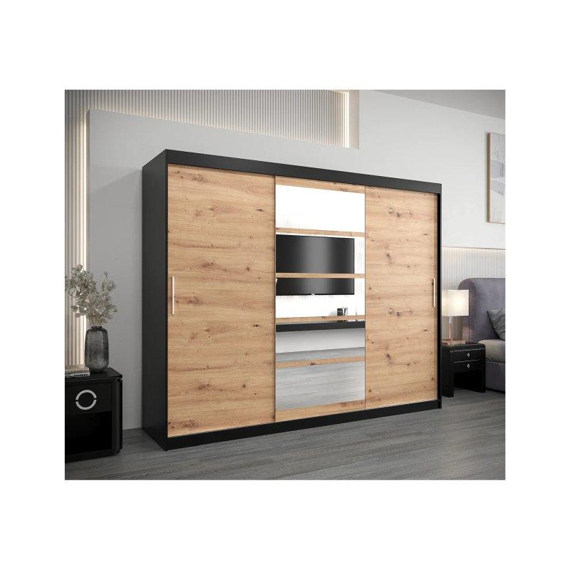 Siyah ve Ceviz Endüstriyel Ahşap Sürgülü Gardrop 250x200 cm 3 Kapılı Aynalı - 90289