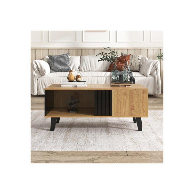 Siyah ve Doğal Ahşap Endüstriyel Ahşap Orta Sehpa 100x60x45 cm - 102387