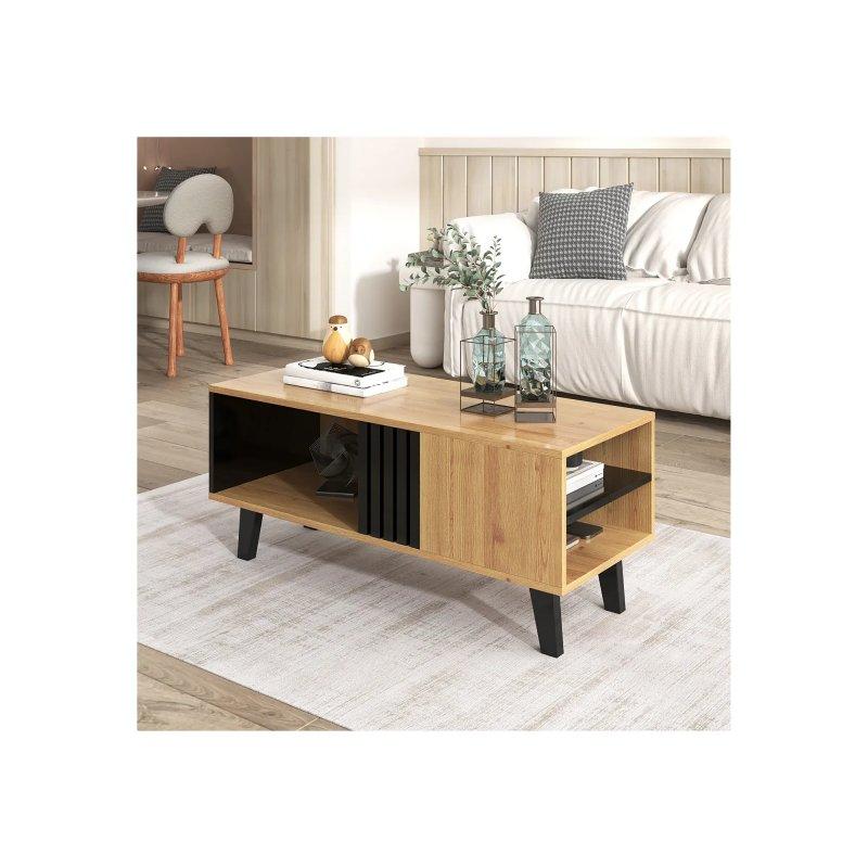 Siyah ve Doğal Ahşap Endüstriyel Ahşap Orta Sehpa 100x60x45 cm - 102387