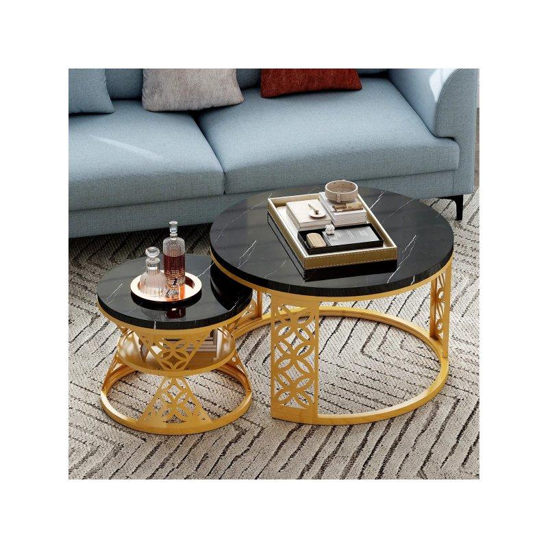 Siyah ve Gold Mermerli Metal Ayaklı İç İçe Geçebilen Orta Sehpa 70x70x46 cm - 102105