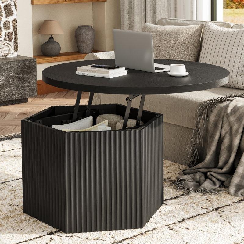 Siyah Yuvarlak Açılır Akıllı Sehpa Endüstriyel Ahşap 80 cm - 101046