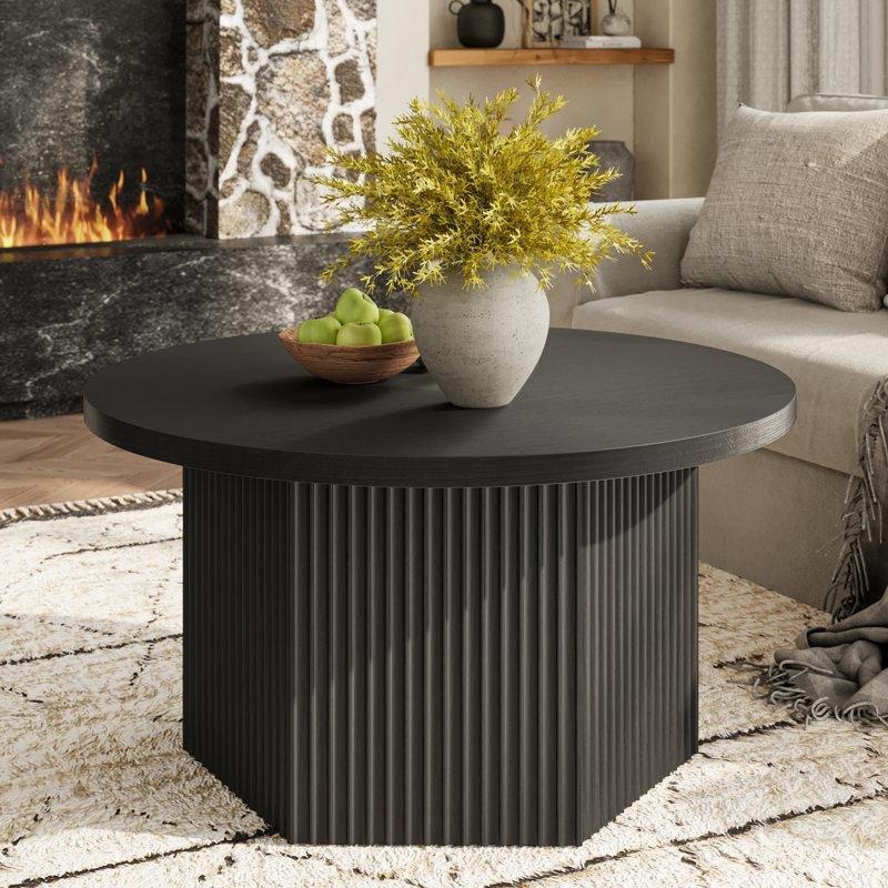 Siyah Yuvarlak Açılır Akıllı Sehpa Endüstriyel Ahşap 80 cm - 101046