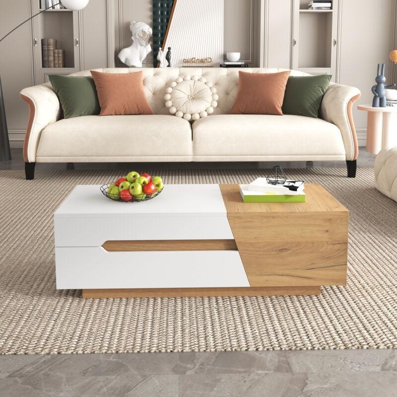 Sürgülü Akıllı Sehpa Beyaz ve Doğal Ahşap 120x50x38 cm - 101626