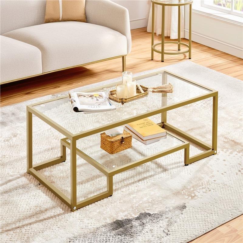 Temperli Cam Gold Ayaklı 2 Katlı Orta Sehpa 107 x 51 x 46 cm - 105070