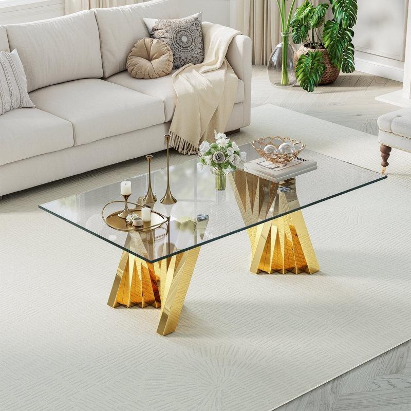 Temperli Cam Üstü Gold Paslanmaz Çelik Ayaklı Orta Sehpa 130x71x42 cm - 105013