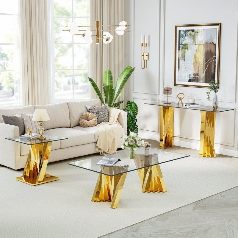 Temperli Cam Üstü Gold Paslanmaz Çelik Ayaklı Orta Sehpa 130x71x42 cm - 105013