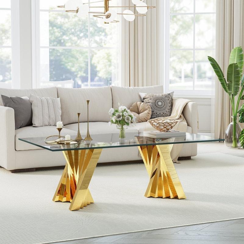 Temperli Cam Üstü Gold Paslanmaz Çelik Ayaklı Orta Sehpa 130x71x42 cm - 105013