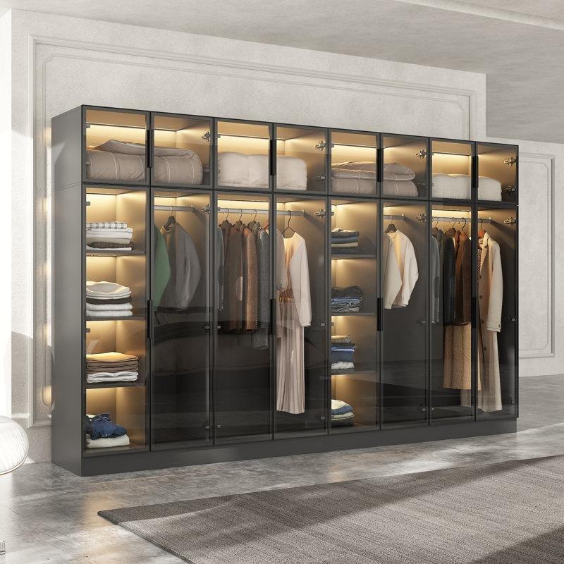 Temperli Camlı 16 Kapılı Gardrop 300 cm, Endüstriyel Ahşap ve Cam - 91189