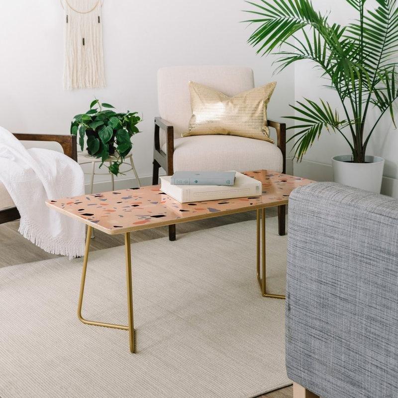 Terrazzo Desenli Huş Ağacı Orta Sehpa 97x48x48 cm Gold Ayaklı - 105646