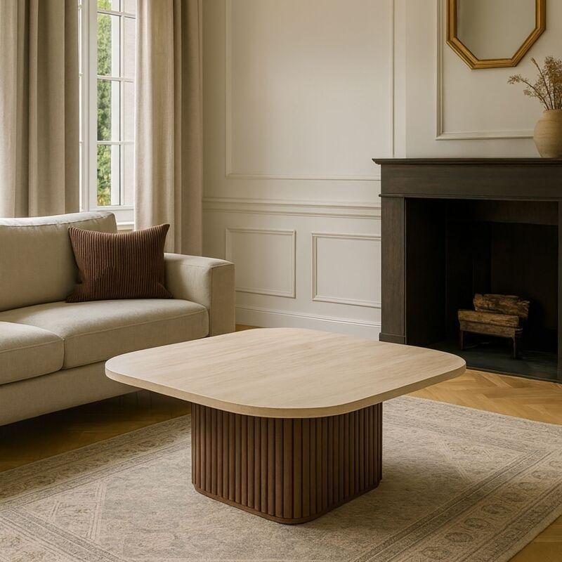 Traverten Desenli Kare Orta Sehpa MDF 80x80 cm Ceviz Ayaklı - 102835