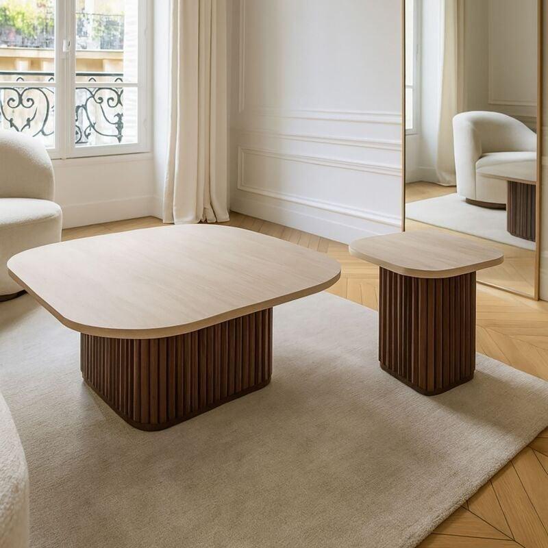 Traverten Desenli Kare Orta Sehpa MDF 80x80 cm Ceviz Ayaklı - 102835