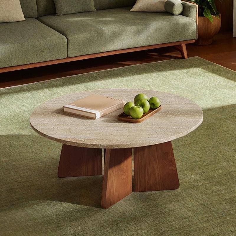 Traverten Üstü Kırmızı Meşe Ayaklı Yuvarlak Orta Sehpa 70 cm - 104323