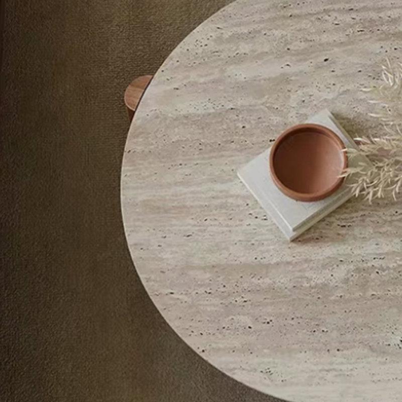 Traverten Üstü Masif Ahşap Ayaklı Yuvarlak Orta Sehpa 60x60 cm - 104329