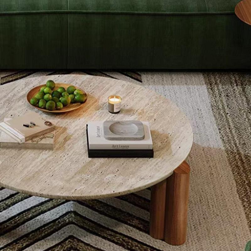 Traverten Üstü Masif Ahşap Ayaklı Yuvarlak Orta Sehpa 60x60 cm - 104329